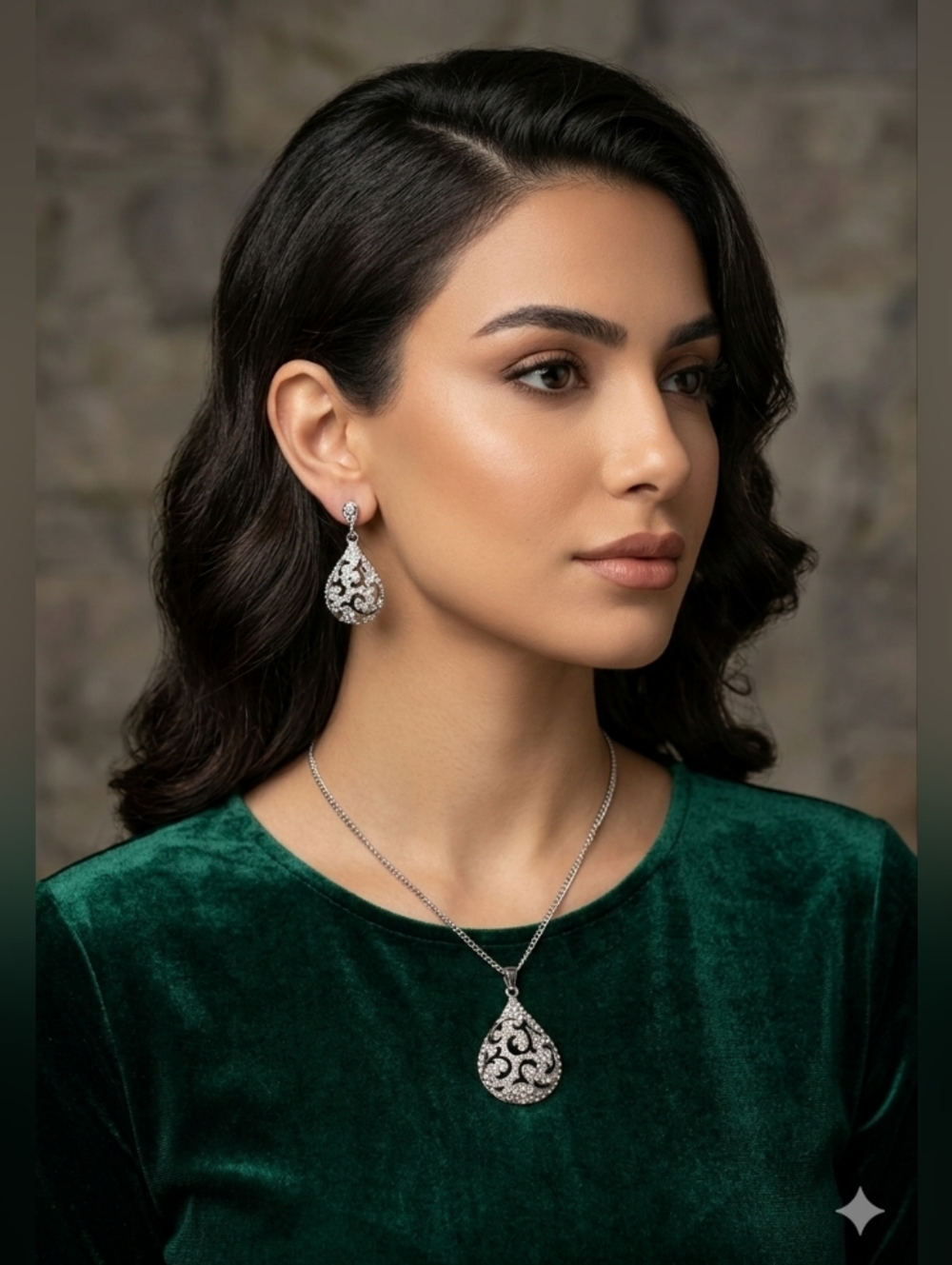 Silver-tone Teardrop Crystal Pendant Necklace and Earrings Set